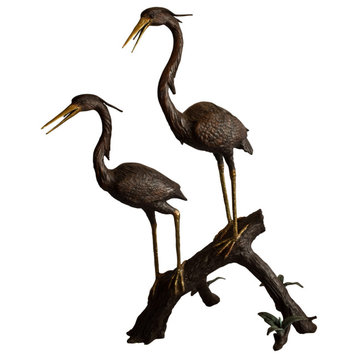 Two Herons on a Tree log Bronze Fountain Statue 38" x 19" x 64"H