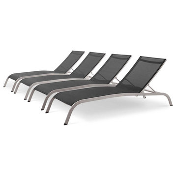 Lounge Chair Chaise, Set of 4, Aluminum, Metal, Black, Modern, Outdoor Patio