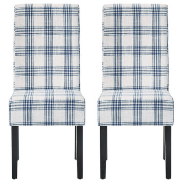 Percival Upholstered Dining Chairs, Set of 2, Dark Blue Plaid and Espresso, 100%