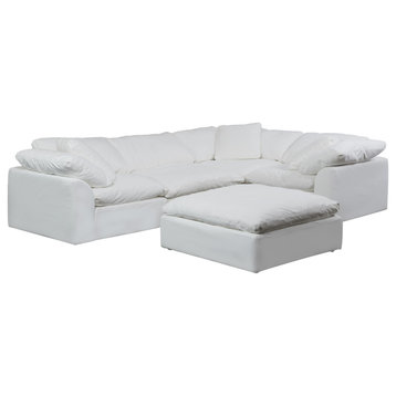 5PC Slipcovered L-Shaped Sectional Sofa with Ottoman | White