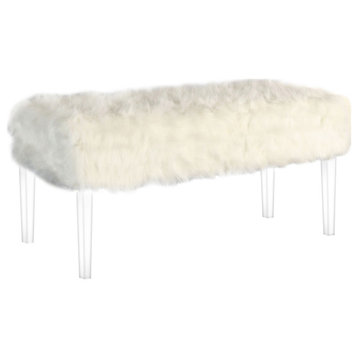 20" Tall "Beverly" Upholstered Storage Bench With Acrylic Legs, White/Faux Fur
