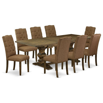 East West Furniture Lassale 9-piece Wood Dining Set in Jacobean/Brown Beige