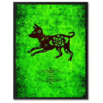 Dog Chinese Zodiac Green Print on Canvas with Picture Frame, 13"x17"