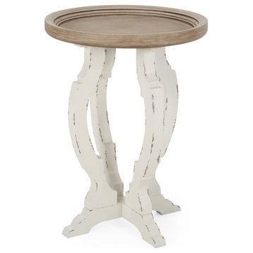 Ridge French Country Accent Table With Round Top, Natural, Distressed White