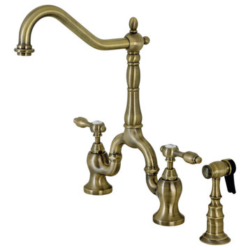 KS7753TALBS Tudor Bridge Kitchen Faucet With Brass Sprayer, Antique Brass
