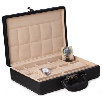 10 Watch Storage Box Briefcase, Handle and Combination Lock, Black