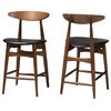 Flora Mid-Century Black Faux Leather Upholstered Walnut Counter Stools, Set of 2