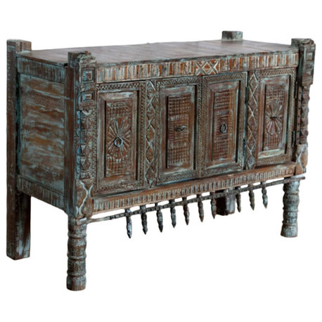 Consigned Antique Indian Storage Chest Blue Damchiya Console Cabinet 45