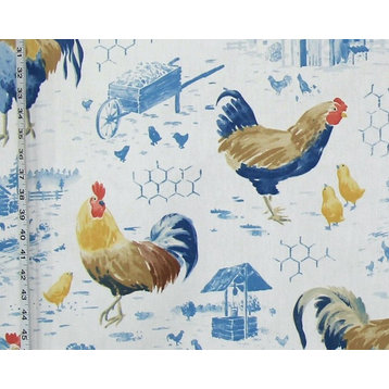 Blue chicken rooster toile fabric  farmhouse decorating cotton material, Standard Cut