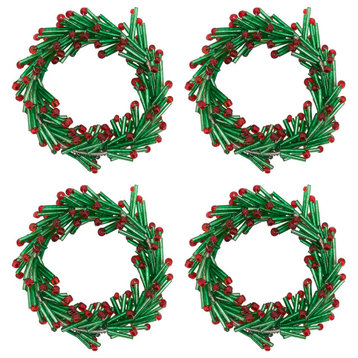 Beaded Napkin Rings With Wreath Design, Set of 4, Green