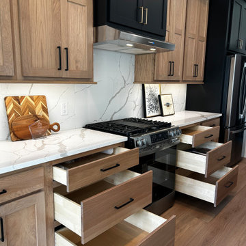 White Oak and Black Split Foyer Modern Kitchen