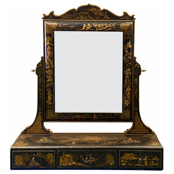 Chinese Vintage Golden Scenery Black Lacquer Mirror Chest Hcs7052
