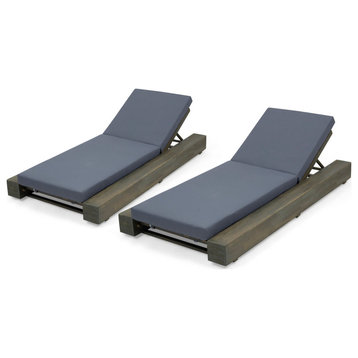 Ursula Outdoor Acacia Wood Chaise Lounge and Cushion Set, Set of 2, Gray
