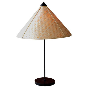 Simple Classic Slim Metal Table Lamp Rattan Cone Shade 14.5 in Small Minimalist
