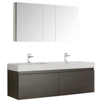 Mezzo 60" Wall Hung Double Sink Modern Bathroom Vanity w/ Medicine Cabinet, Gray