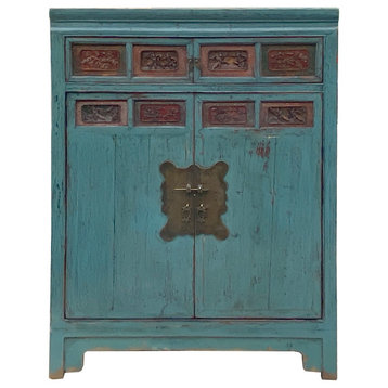Chinese Vintage Carving Panel Tall Credenza Blue Storage Cabinet Hcs7515