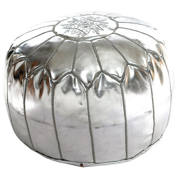 Moroccan Leather Pouf, Silver