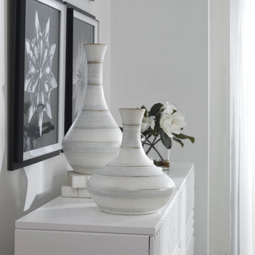 Uttermost Potter 11 x 21" Fluted Striped Vases Set of 2, Ivory-Blue-Tan