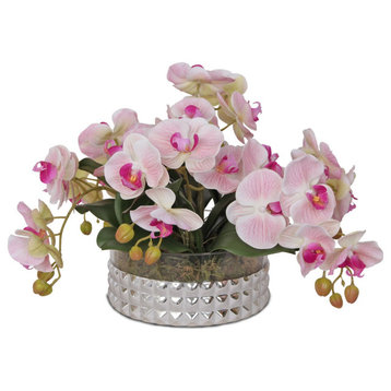Real Touch Pink Orchid Flower Arrangement, Silver Glass Round Bowl