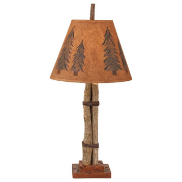Small Twig and Leather Table Lamp With Pine Tree Shade
