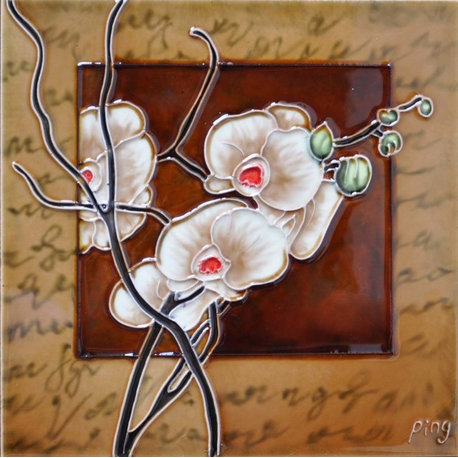 8x8" White Orchid with Light Brown Frame Ceramic Art Tile and Trivet Hot Plate