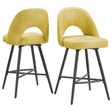 Tierno 24" Counter Height Metal Swivel Stools, Set of 2, Yellow PU Leather