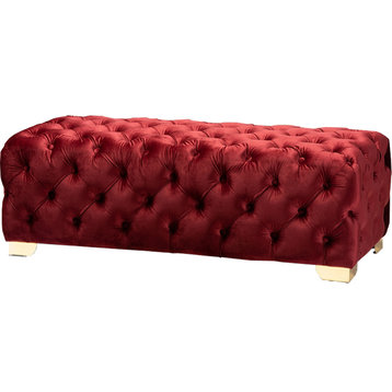 Burgundy Velvet Fabric Upholstered Gold Finished Button Tufted Bench Ottoman