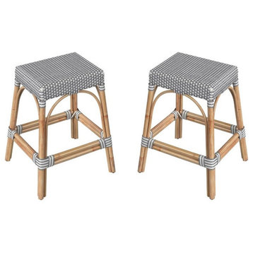 Home Square 24.5" Rattan Counter Stool in White and Gray Dot - Set of 2
