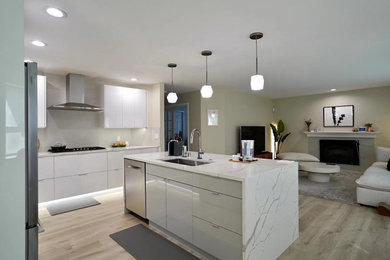Mid-sized minimalist l-shaped light wood floor, beige floor and tray ceiling open concept kitchen photo in Seattle with an undermount sink, flat-panel cabinets, white cabinets, quartz countertops, stainless steel appliances, an island and white countertops