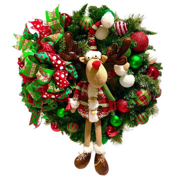 Christmas Wreath Winter Reindeer Red Green White Shatterproof