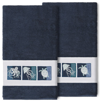 100% Turkish Cotton Ava 2-Piece Embellished Bath Towel Set, Midnight Blue