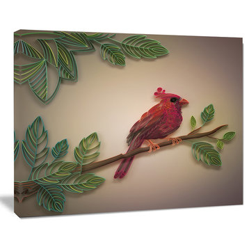 Red Paper Quilling of Cardinal Bird, Floral Canvas Art Print, 20"x12"