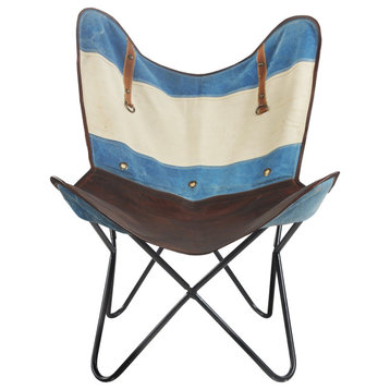 Striped Canvas and Leather Butterfly Accent Chair