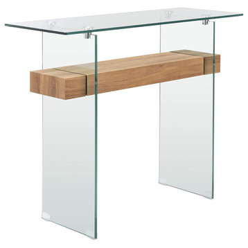Stunning Console Table, Glass Construction With Unique MDF Accent, Natural Brown