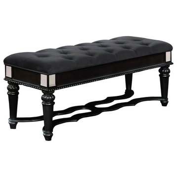 Fabric Padded Bench with Deep Button Tufting and Turned Legs, Black