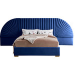 Meridian Furniture - Cleo Velvet Upholstered Bed With Custom Gold Steel Legs, Navy, Queen - Enjoy sweet dreams in this beautiful Cleo navy velvet queen size bed. The tall, luxurious velvet headboard is upholstered in a channel-tufted style, flanked by removable fan-shaped side pieces. The footboard and rails are comfortably upholstered in soft navy velvet as well, with gold steel legs supporting the frame. Matching pieces are available in the same collection, allowing you to complete the contemporary style of this look for an elegantly glamorous bedroom.
