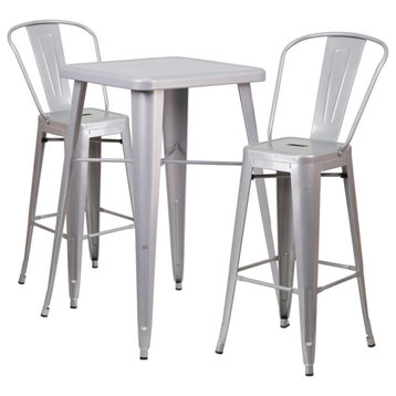 23.75" Square Silver Metal Indoor-Outdoor Bar Table Set, 2 Stools, Backs