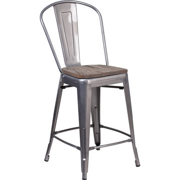 24" Counter Height Stool With Back and Wood Seat, Clear Coated