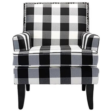 Classic Accent Chair, Padded Seat With Low Arms & Nailhead, White/Black Plaid