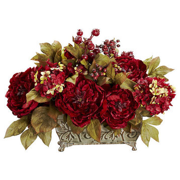 Peony and Hydrangea Silk Flower Arrangement, Red