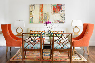 Inspiration for a transitional dark wood floor living room remodel in Atlanta with white walls and no tv