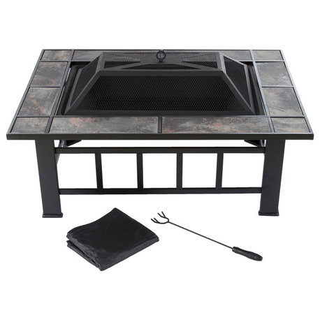 Pure Garden Rectangular Tile Fire Pit With Cover, Black, 37"
