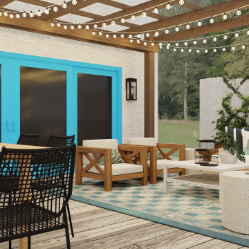 Patio Pergola with Warm Wood and Blue Accents