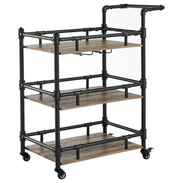 Rustic Three Tier Wood And Metal Serving Cart, Black And Brown