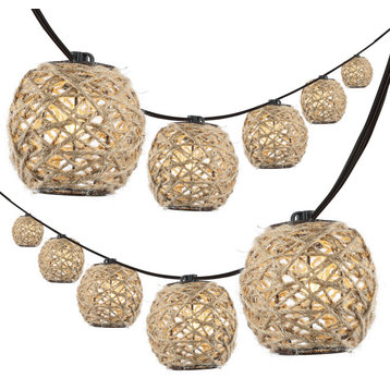 10-Light Indoor/Outdoor 10 ft C7 Globe Hemp Rope Shaded String Lights, Brown