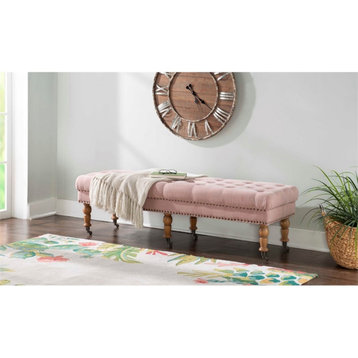 Linon Isabelle Upholstered 62" Long Bench Wood Legs in Washed Pink Linen Fabric