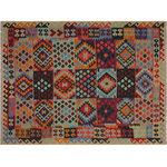 Bareens Designer Rugs - Tribal Turkish Kilim Cari Hand-Woven Wool Rug - 6'0'' x 7'11'' - Elevate the elegance of your home with this stunning hand-woven tribal Kilim wool rug. Meticulously crafted on a loom by the Nomad Turkman people using hand-spun wool and 100% natural vegetable dyes, these rugs are recognized for their repetitive geometric patterns, incorporating naturalistic floral and traditional designs. The contemporary fashion palette results in bold, sharp patterns that are incredibly versatile, as the pattern is the same on both sides. These reversible rugs feature a lighter shade on one side and brighter colors on the other, providing versatility according to preference. These unique rugs are made by knotting short strands of different colors onto the warps and securing them by tightly pressing the wefts. The designs are created by interweaving the various colored wefts and warps. Kilims are known for their exceptional durability and versatility, making them truly unique rugs.  Product Details    Rug Size: 6'0'' x 7'11''  Material: 100% Wool  Style: Kilim, Flat Weave, Dhurrie, Turkish, Southwestern, Rustic, Tribal  Colors: Beige, Blue, Purple, Green  Weave Type: Hand-Woven, Handmade  Pile Height: Less than 0.25 inch
