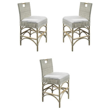 Home Square Rattan and Fabric Barstool in White Wash - Set of 3
