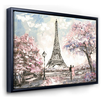 Designart Eiffel Pink Flowers Landscape Framed Canvas Art Print, Black, 40x30