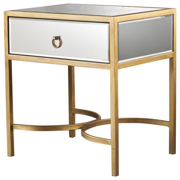 Modern End Table, Golden Frame With Half Circle Accent & Mirrored Storage Drawer